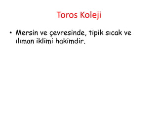 Toros Koleji
• Mersin ve çevresinde, tipik sıcak ve
ılıman iklimi hakimdir.
 
