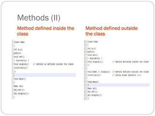Methods (II)
Method defined inside the
class
Method defined outside
the class
 