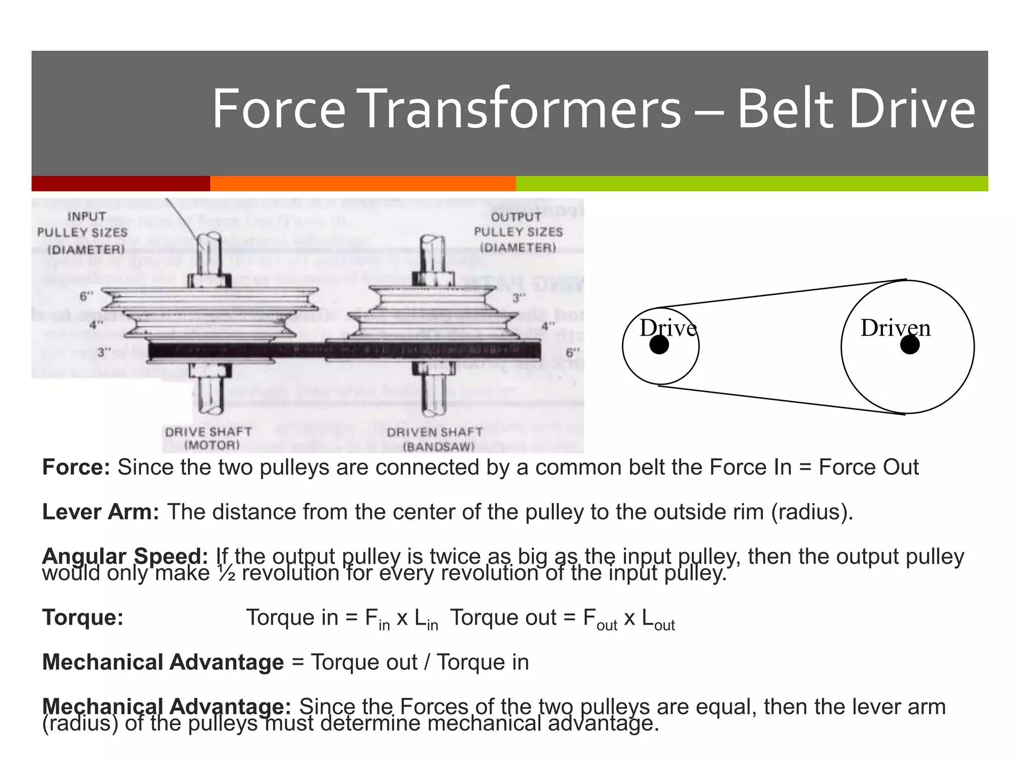 Force Transformers – Belt Drive


                                                               Drive                 Driven




Force: Since the two pulleys are connected by a common belt the Force In = Force Out
Lever Arm: The distance from the center of the pulley to the outside rim (radius).
Angular Speed: If the output pulley is twice as big as the input pulley, then the output pulley
would only make ½ revolution for every revolution of the input pulley.
Torque:              Torque in = Fin x Lin Torque out = Fout x Lout
Mechanical Advantage = Torque out / Torque in
Mechanical Advantage: Since the Forces of the two pulleys are equal, then the lever arm
(radius) of the pulleys must determine mechanical advantage.
 