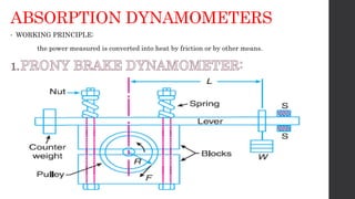 ABSORPTION DYNAMOMETERS
• WORKING PRINCIPLE:
the power measured is converted into heat by friction or by other means.
 