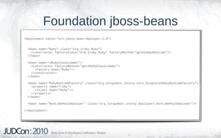 Foundation jboss-beans
<deployment xmlns="urn:jboss:bean-deployer:2.0">


  <bean name="Ruby" class="org.jruby.Ruby">
    <constructor factoryClass="org.jruby.Ruby" factoryMethod="getGlobalRuntime"/>
  </bean>

  <bean name="JRubyClassLoader">
    <constructor factoryMethod="getJRubyClassLoader">
      <factory bean="Ruby"/>
    </constructor>
  </bean>

  <bean name="RubyRuntimeFactory" class="org.torquebox.interp.core.SingletonRubyRuntimeFactory">
    <property name="ruby">
      <inject bean="Ruby"/>
    </property>
  </bean>

  <bean name="RuntimePoolDeployer" class="org.torquebox.interp.deployers.RuntimePoolDeployer"/>

</deployment>
 