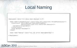 Local Naming

<deployment xmlns="urn:jboss:bean-deployer:2.0">

  <bean name="LookupExecutor" class="java.util.concurrent.ThreadPoolExecutor">
    <constructor factoryMethod="newFixedThreadPool"
                 factoryClass="java.util.concurrent.Executors">
      <parameter>2</parameter>
    </constructor>
    <stop method="shutdown"/>
  </bean>

  <bean name="Naming" class="org.jnp.server.NamingBeanImpl"/>

</deployment>
 