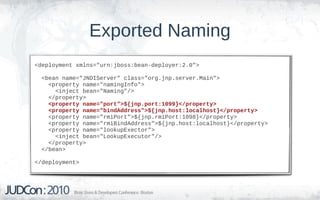 Exported Naming
<deployment xmlns="urn:jboss:bean-deployer:2.0">

  <bean name="JNDIServer" class="org.jnp.server.Main">
    <property name="namingInfo">
      <inject bean="Naming"/>
    </property>
    <property name="port">${jnp.port:1099}</property>
    <property name="bindAddress">${jnp.host:localhost}</property>
    <property name="rmiPort">${jnp.rmiPort:1098}</property>
    <property name="rmiBindAddress">${jnp.host:localhost}</property>
    <property name="lookupExector">
      <inject bean="LookupExecutor"/>
    </property>
  </bean>

</deployment>
 