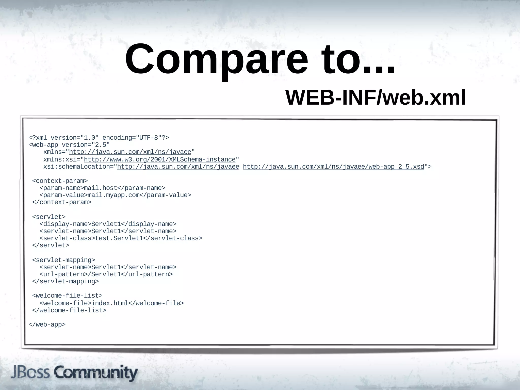 Compare  to...
                                                                         WEB-­INF/web.xml
<?xml  version="1.0"  encoding="UTF-­8"?>
<web-­app  version="2.5"  
        xmlns="http://java.sun.com/xml/ns/javaee"
        xmlns:xsi="http://www.w3.org/2001/XMLSchema-­instance"
        xsi:schemaLocation="http://java.sun.com/xml/ns/javaee  http://java.sun.com/xml/ns/javaee/web-­app_2_5.xsd">

  <context-­param>
      <param-­name>mail.host</param-­name>
      <param-­value>mail.myapp.com</param-­value>
  </context-­param>

  <servlet>
      <display-­name>Servlet1</display-­name>
      <servlet-­name>Servlet1</servlet-­name>
      <servlet-­class>test.Servlet1</servlet-­class>
  </servlet>

  <servlet-­mapping>
      <servlet-­name>Servlet1</servlet-­name>
      <url-­pattern>/Servlet1</url-­pattern>
  </servlet-­mapping>

  <welcome-­file-­list>
      <welcome-­file>index.html</welcome-­file>
  </welcome-­file-­list>

</web-­app>
 