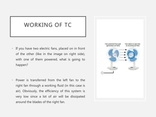WORKING OF TC
• If you have two electric fans, placed on in front
of the other (like in the image on right side),
with one of them powered, what is going to
happen?
• Power is transferred from the left fan to the
right fan through a working fluid (in this case is
air). Obviously, the efficiency of this system is
very low since a lot of air will be dissipated
around the blades of the right fan.
 