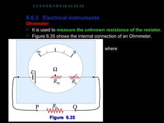 1 2 3 4 5 6 7 8 9 10 11 12 13 14 15 16 17 18 19 20 21 22 23 24


6.6.3 Electrical instruments
Ohmmeter
 It is used to measure the unknown resistance of the resistor.
                                                      resistor
 Figure 6.35 shows the internal connection of an Ohmmeter.



                                          where
      ∞                  0
                                          RM : meter (coil) resistance
                                          RS : variable resistance
              Ω                           RX : unknown resistance
  ε
              RM        RS



      P      RX          Q
            Figure 6.35                           13
 