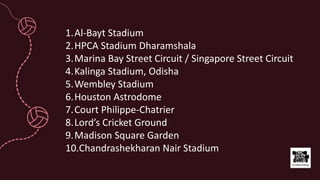 1.Al-Bayt Stadium
2.HPCA Stadium Dharamshala
3.Marina Bay Street Circuit / Singapore Street Circuit
4.Kalinga Stadium, Odisha
5.Wembley Stadium
6.Houston Astrodome
7.Court Philippe-Chatrier
8.Lord’s Cricket Ground
9.Madison Square Garden
10.Chandrashekharan Nair Stadium
 
