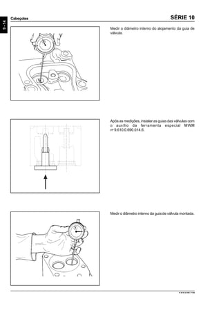 9-14
Cabeçotes
9.610.0.006.7108
SÉRIE 10
Medir o diâmetro interno do alojamento da guia de
válvula.
Após as medições, instalar as guias das válvulas com
o auxílio da ferramenta especial MWM
no
9.610.0.690.014.6.
Medir o diâmetro interno da guia de válvula montada.
 
