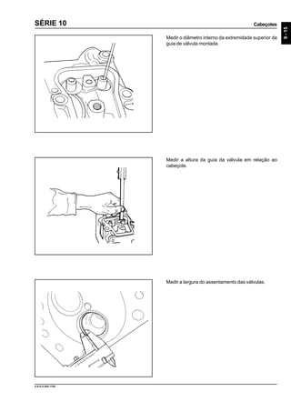 Cabeçotes
9-15
9.610.0.006.7108
SÉRIE 10
Medir o diâmetro interno da extremidade superior da
guia de válvula montada.
Medir a altura da guia da válvula em relação ao
cabeçote.
Medir a largura do assentamento das válvulas.
 