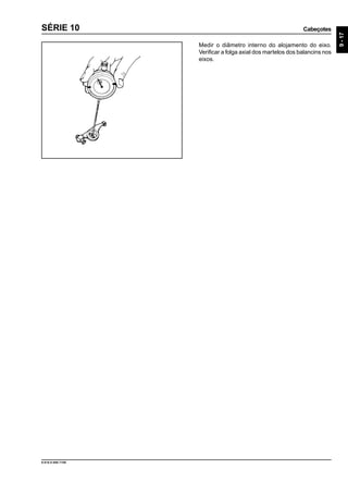 Cabeçotes
9-17
9.610.0.006.7108
SÉRIE 10
Medir o diâmetro interno do alojamento do eixo.
Verificar a folga axial dos martelos dos balancins nos
eixos.
 