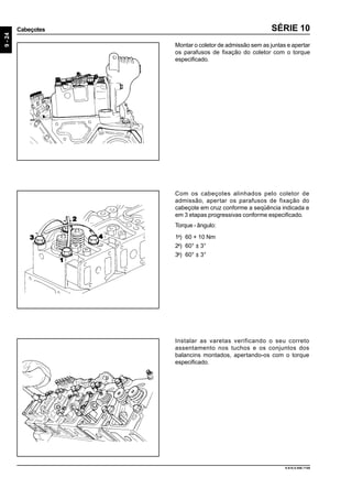 9-24
Cabeçotes
9.610.0.006.7108
SÉRIE 10
Montar o coletor de admissão sem as juntas e apertar
os parafusos de fixação do coletor com o torque
especificado.
Instalar as varetas verificando o seu correto
assentamento nos tuchos e os conjuntos dos
balancins montados, apertando-os com o torque
especificado.
Com os cabeçotes alinhados pelo coletor de
admissão, apertar os parafusos de fixação do
cabeçote em cruz conforme a seqüência indicada e
em 3 etapas progressivas conforme especificado.
Torque - ângulo:
1a
) 60 + 10 Nm
2a
) 60° ± 3°
3a
) 60° ± 3°
 