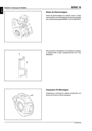 10-2
Volante e Carcaça do Volante
9.610.0.006.7108
SÉRIE 10
Notas de Desmontagem
Antes da desmontagem do volante, travar o motor
para impedir a movimentação da árvore de manivelas
com a ferramenta especial MWM no
9.610.0.690.026.4.
Para remover a cremalheira (1) do volante (2), aqueça-
a rapidamente e bata cuidadosamente com uma
talhadeira.
Inspeções Pré-Montagem
Inspecionar a carcaça do volante visualmente, em
busca de trincas ou danos quaisquer.
 