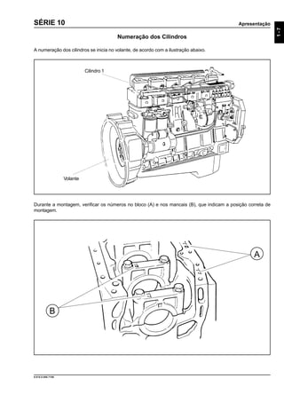 Apresentação
9.610.0.006.7108
1-7
SÉRIE 10
Numeração dos Cilindros
A numeração dos cilindros se inicia no volante, de acordo com a ilustração abaixo.
Durante a montagem, verificar os números no bloco (A) e nos mancais (B), que indicam a posição correta de
montagem.
Cilindro 1
Volante
A
B
 