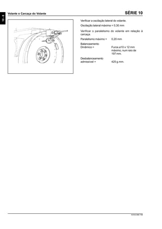 10-8
Volante e Carcaça do Volante
9.610.0.006.7108
SÉRIE 10
Verificar a oscilação lateral do volante.
Oscilação lateral máxima = 0,30 mm
Verificar o paralelismo do volante em relação à
carcaça.
Paralelismo máximo = 0,20 mm
Balanceamento
Dinâmico = Furos ø10 x 12 mm
máximo, num raio de
197 mm.
Desbalanceamento
admissível = 425 g.mm.
 