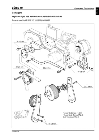 Carcaça de Engrenagens
11-13
9.610.0.006.7108
SÉRIE 10
Montagem
Especificação dos Torques de Aperto dos Parafusos
Somente para Ford B1618, VW 16.180 CO e VW L80
30 ± 5 Nm
30 ± 5 Nm
30 ± 5 Nm
30 ± 5 Nm
40 ± 6 Nm
20 ± 3 Nm
TensordeCorreia17.240
Tensor de la Correa 17.240
Belt Tensioner 17.240
 