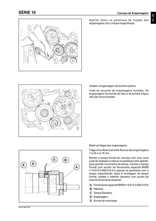 Carcaça de Engrenagens
11-21
9.610.0.006.7108
SÉRIE 10
Apertar todos os parafusos de fixação das
engrenagens com o torque especificado.
Medir as folgas das engrenagens.
Folga circunferencial entre flancos das engrenagens
= 0,05 a 0,18 mm
Montar a tampa frontal da carcaça com uma nova
junta de vedação e colocar os parafusos sem apertar,
para permitir movimento da tampa. Centrar a tampa
frontal com auxílio da ferramenta especial MWM
no
9.610.0.690.019.6 e apertar os parafusos com o
torque especificado. Após a montagem da tampa
frontal, instalar o retentor dianteiro com auxílio da
mesma ferramenta especial.
A Ferramenta especial MWM no
9.610.0.690.019.6
B Retentor
C Tampa Dianteira
D Engrenagem
E Árvore de manivelas
Instalar a engrenagem da bomba injetora.
Vista do conjunto de engrenagens montado. As
engrenagens da bomba de óleo e da bomba d’água
não são sincronizadas.
A
BC
DE
 