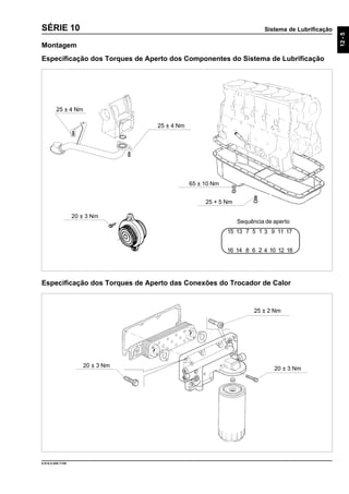 Sistema de Lubrificação
12-5
9.610.0.006.7108
SÉRIE 10
Montagem
Especificação dos Torques de Aperto dos Componentes do Sistema de Lubrificação
25 ± 4 Nm
25 + 5 Nm
65 ± 10 Nm
16 14 8 6 2 4 12 1810
15 13 7 5 1 3 11 179
Sequência de aperto
Especificação dos Torques de Aperto das Conexões do Trocador de Calor
25 ± 4 Nm
25 ± 2 Nm
20 ± 3 Nm
20 ± 3 Nm
20 ± 3 Nm
 