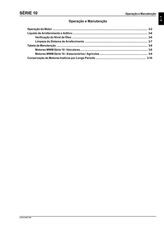 Operação e Manutenção
3-1
9.610.0.006.7108
SÉRIE 10
Operação e Manutenção
Operação do Motor ........................................................................................................................... 3-2
Líquido de Arrefecimento e Aditivo ................................................................................................. 3-6
Verificação do Nível de Óleo .................................................................................................. 3-6
Limpeza do Sistema de Arrefecimento ................................................................................. 3-7
Tabela de Manutenção ...................................................................................................................... 3-8
Motores MWM Série 10 -Veiculares ....................................................................................... 3-8
Motores MWM Série 10 - Estacionários / Agrícolas .............................................................. 3-9
Conservação de Motores Inativos por Longo Período ................................................................. 3-10
 