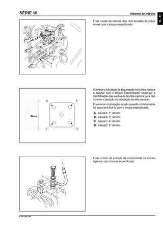 Sistema de Injeção
14-17
9.610.0.006.7108
SÉRIE 10
Fixar o tubo da válvula LDA com arruelas de cobre
novas com o torque especificado.
Conectaratubulaçãodealtapressãonabombainjetora
e apertar com o torque especificado. Observar a
identificação das saídas da bomba injetora para não
inverter a posição da tubulação de alta pressão.
Posicionar a tubulação de alta pressão corretamente
no suporte e fixá-lo com o torque especificado.
A Saída A: 1o
cilindro
B Saída B: 3o
cilindro
C Saída C: 4o
cilindro
D Saída D: 2o
cilindro
Fixar o tubo de entrada de combustível na bomba
injetora com o torque especificado.
Bloco
 
