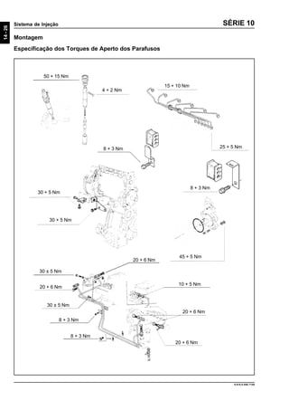 14-26
Sistema de Injeção
9.610.0.006.7108
SÉRIE 10
Montagem
Especificação dos Torques de Aperto dos Parafusos
50 + 15 Nm
4 + 2 Nm
15 + 10 Nm
25 + 5 Nm
8 + 3 Nm
8 + 3 Nm
30 + 5 Nm
30 + 5 Nm
30 ± 5 Nm
20 + 6 Nm
30 ± 5 Nm
8 + 3 Nm
8 + 3 Nm
20 + 6 Nm
20 + 6 Nm
10 + 5 Nm
45 + 5 Nm
20 + 6 Nm
 