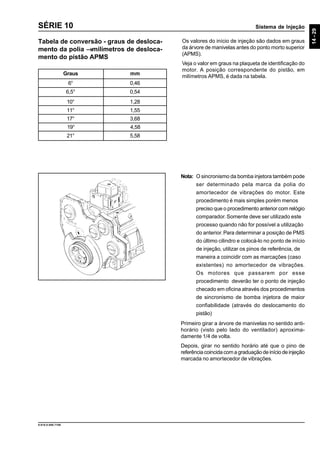 Sistema de Injeção
14-29
9.610.0.006.7108
SÉRIE 10
Os valores do início de injeção são dados em graus
da árvore de manivelas antes do ponto morto superior
(APMS).
Veja o valor em graus na plaqueta de identificação do
motor. A posição correspondente do pistão, em
milímetros APMS, é dada na tabela.
Tabela de conversão - graus de desloca-
mento da polia →→→→→milímetros de desloca-
mento do pistão APMS
Graus mm
6° 0,46
10° 1,28
11° 1,55
17° 3,68
19° 4,58
21° 5,58
Nota: O sincronismo da bomba injetora também pode
ser determinado pela marca da polia do
amortecedor de vibrações do motor. Este
procedimento é mais simples porém menos
preciso que o procedimento anterior com relógio
comparador.Somente deve ser utilizado este
processo quando não for possível a utilização
do anterior.Para determinar a posição de PMS
do último cilindro e colocá-lo no ponto de início
de injeção, utilizar os pinos de referência, de
maneira a coincidir com as marcações (caso
existentes) no amortecedor de vibrações.
Os motores que passarem por esse
procedimento deverão ter o ponto de injeção
checado em oficina através dos procedimentos
de sincronismo de bomba injetora de maior
confiabilidade (através do deslocamento do
pistão)
Primeiro girar a árvore de manivelas no sentido anti-
horário (visto pelo lado do ventilador) aproxima-
damente 1/4 de volta.
Depois, girar no sentido horário até que o pino de
referênciacoincidacomagraduaçãodeiníciodeinjeção
marcada no amortecedor de vibrações.
6,5° 0,54
 