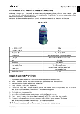 Operação e Manutenção
3-7
9.610.0.006.7108
SÉRIE 10
LimpezadoSistemadeArrefecimento
1. Remova a tampa do radiador do motor ou do reservatório de expansão do veículo;
2. Drene o líquido do sistema de arrefecimento através do bujão lateral do bloco do motor;
3. Lave todo sistema até que saia somente água limpa;
4. Feche o sistema e encha com água limpa;
5. Funcione o motor até a temperatura normal de operação e deixe-o funcionando por 15 minutos;
Obs.: Caso o veículo tenha ar quente, acione o botão na posição quente.
6. Desligue o motor e aguarde esfriar;
7. Abra o dreno, retire a tampa do radiador e deixe sair toda a água novamente;
8. Feche o dreno e encha o sistema com água limpa e aditivo MWM na proporção recomendada;
9. Funcione o motor até a temperatura normal de operação e deixe-o funcionando por 15 minutos;
Obs.: Caso o veículo tenha ar quente, acione o botão na posição quente.
10. Verifique o nível do sistema de arrefecimento completando-o caso seja necessário.
Procedimento de Enchimento de Fluido de Arrefecimento
Abastecer o sistema com a quantidade necessária de aditivo MWM e completar com água limpa. Colocar o motor
em funcionamento até atingir a temperatura normal de trabalho. Completar o nível do sistema apenas com água
limpa + aditivo MWM na proporção adequada.
Depois de completado o sistema, funcione o motor verificando a existência de possíveis vazamentos.
Denominação Aditivo Concentrado
Propriedades Anticorrosivo/Antifervura/Anticongelante
Aplicação Motores Diesel Modernos em Geral
Cor Vermelho
Proporção 50% ± 10%
Intervalo de Troca 50.000 km ou 6 meses
Composição
Anticorrosivos, Etilenoglicol, Boratos,
Silicatos e Corante
Validade do Frasco 5 anos
ADITIVO MWM
9.0193.05.6.0007 0,5 L
9.0193.05.6.0012 1,0 L
 