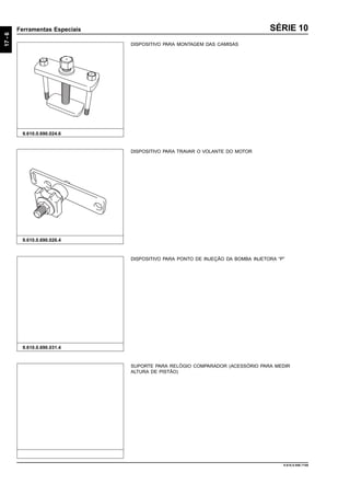 17-6
Ferramentas Especiais
9.610.0.006.7108
SÉRIE 10
DISPOSITIVO PARA TRAVAR O VOLANTE DO MOTOR
9.610.0.690.026.4
9.610.0.690.024.6
DISPOSITIVO PARA MONTAGEM DAS CAMISAS
DISPOSITIVO PARA PONTO DE INJEÇÃO DA BOMBA INJETORA “P”
9.610.0.690.031.4
SUPORTE PARA RELÓGIO COMPARADOR (ACESSÓRIO PARA MEDIR
ALTURA DE PISTÃO)
 