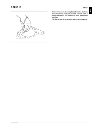 Bloco
4-3
9.610.0.006.7108
SÉRIE 10
Remover os anéis de vedação de borracha. Motores
mais modernos possuem um anel Tombak entre o
flange da camisa e o assento do bloco. Removê-lo
também.
Verificar se não há vazamentos pela junta do cabeçote.
 