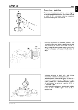 Bloco
4-9
9.610.0.006.7108
SÉRIE 10
Inspeções e Medições
Com as camisas fora do bloco, fazer quatro medições,
duas na parte superior e duas na parte inferior, girando
o súbito de 90° entre elas. Avaliar a ovalização,
conicidade e desgaste das camisas.
Limpar o alojamento da camisa e instalar o anel
Tombak (A).Se o motor não foi originalmente montado
com anel Tombak, remover material do assento no
bloco, suficiente para montar a camisa com um único
anel Tombak e obter saliência em relação à face do
bloco.
Reinstalar a camisa no bloco, com o anel Tombak
mas sem os anéis de vedação de borracha.
Medir a altura da saliência da camisa em relação à
face superior do bloco com um relógio comparador.
Como suporte para o relógio comparador, poderá
ser utilizado a ferramenta especial MWM nº
9.407.0.690.031.6.
Caso necessário, utilizar um calço de aço inox por
baixo do anel TOMBAK para obter a altura
especificada.
0,06 a
0,13 mm
A
 