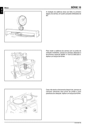 4-10
Bloco
9.610.0.006.7108
SÉRIE 10
A medição da saliência deve ser feita no primeiro
degrau da camisa, em quatro posições defasadas de
90°.
Caso não tenha a ferramenta disponível, prensar as
camisas utilizando dois pinos de pistão e dois
parafusos de cabeçote. Aplicar um torque de 40 Nm.
Para medir a saliência da camisa com os anéis de
vedação instalados, prense as camisas utilizando a
ferramenta especial MWM no
9.610.0.690.025.4.
Aplicar um torque de 40 Nm.
 