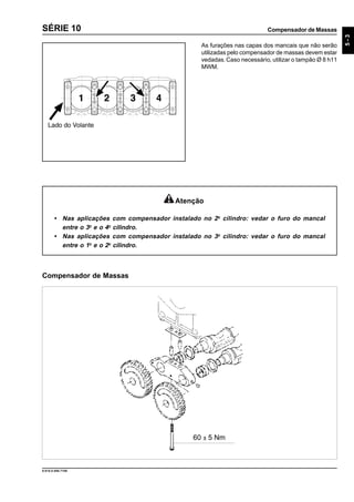 Compensador de Massas
5-3
9.610.0.006.7108
SÉRIE 10
As furações nas capas dos mancais que não serão
utilizadas pelo compensador de massas devem estar
vedadas.Caso necessário, utilizar o tampão Ø 8 h11
MWM.
Atenção
• Nas aplicações com compensador instalado no 2o
cilindro: vedar o furo do mancal
entre o 3o
e o 4o
cilindro.
• Nas aplicações com compensador instalado no 3o
cilindro: vedar o furo do mancal
entre o 1o
e o 2o
cilindro.
Compensador de Massas
60 ± 5 Nm
 