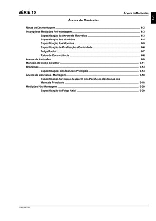 Árvore de Manivelas
6-1
9.610.0.006.7108
SÉRIE 10
Árvore de Manivelas
Notas de Desmontagem.................................................................................................................... 6-2
Inspeções e Medições Pré-montagem ............................................................................................. 6-3
Especificação da Árvore de Manivelas ........................................................................ 6-3
Especificação dos Munhões ........................................................................................ 6-4
Especificação dos Moentes ......................................................................................... 6-5
Especificação de Ovalização e Conicidade................................................................. 6-6
Folga Radial .................................................................................................................. 6-7
Raios de Concordância ................................................................................................ 6-8
Árvore de Manivelas ......................................................................................................................... 6-9
Mancais do Bloco do Motor ........................................................................................................... 6-11
Bronzinas ........................................................................................................................................ 6-13
Especificações dos Mancais Principais .................................................................... 6-13
Árvore de Manivelas / Montagem................................................................................................... 6-18
Especificação doTorque de Aperto dos Parafusos das Capas dos
Mancais Principais ..................................................................................................... 6-18
Medições Pós-Montagem ............................................................................................................... 6-20
Especificação da Folga Axial ..................................................................................... 6-20
 