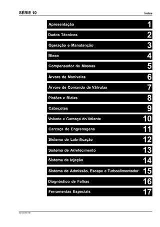 Índice
9.610.0.006.7108
SÉRIE 10
1Apresentação 1
1Dados Técnicos 2
1Operação e Manutenção 3
1Bloco 4
1Árvore de Manivelas 6
1Árvore de Comando de Válvulas 7
1Pistões e Bielas 8
1Cabeçotes 9
1
Carcaça de Engrenagens 11
1Volante e Carcaça do Volante 10
Compensador de Massas 5
1Sistema de Lubrificação 12
1Sistema de Arrefecimento 13
1Sistema de Injeção
14
1Sistema de Admissão, Escape e Turboalimentador 15
Componentes Periféricos do MotorDiagnóstico de Falhas
Ferramentas Especiais
16
17
 