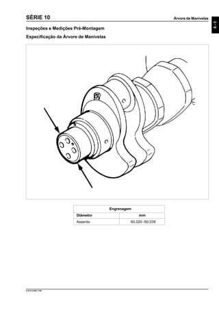 Árvore de Manivelas
6-3
9.610.0.006.7108
SÉRIE 10
Engrenagem
Diâmetro mm
Assento 60,020 - 60,039
Inspeções e Medições Pré-Montagem
Especificação da Árvore de Manivelas
 