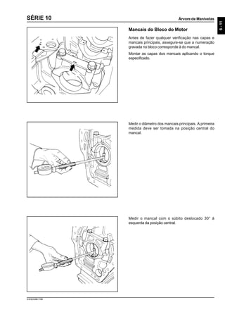 Árvore de Manivelas
6-11
9.610.0.006.7108
SÉRIE 10
Mancais do Bloco do Motor
Antes de fazer qualquer verificação nas capas e
mancais principais, assegure-se que a numeração
gravada no bloco corresponde à do mancal.
Montar as capas dos mancais aplicando o torque
especificado.
Medir o diâmetro dos mancais principais. A primeira
medida deve ser tomada na posição central do
mancal.
Medir o mancal com o súbito deslocado 30° à
esquerda da posição central.
 