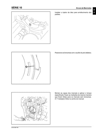 Árvore de Manivelas
6-15
9.610.0.006.7108
SÉRIE 10
Instalar o injetor de óleo para arrefecimento dos
pistões.
Posicionar as bronzinas com o auxílio do pino elástico.
Montar as capas dos mancais e aplicar o torque
especificado.Fazer as medições da mesma maneira
que foram feitas para os mancais sem bronzinas.
A 1a
medição é feita no centro do mancal.
 
