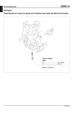 6-18
Árvore de Manivelas
9.610.0.006.7108
SÉRIE 10
Montagem
Especificação do Torque de Aperto dos Parafusos das Capas dos Mancais Principais
Torque - Ângulo
Etapa
1ª : ...................................45 ± 10 Nm
2ª : ...................................90° ± 5°
Lmáx = 133,50 mm
 