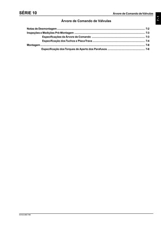Árvore de Comando deVálvulas
7-1
9.610.0.006.7108
SÉRIE 10
Árvore de Comando de Válvulas
Notas de Desmontagem.................................................................................................................... 7-2
Inspeções e Medições Pré-Montagem ............................................................................................. 7-3
Especificações da Árvore de Comando ...................................................................... 7-3
Especificação dosTuchos e PlacaTrava ..................................................................... 7-4
Montagem.......................................................................................................................................... 7-8
Especificação dosTorques de Aperto dos Parafusos ................................................. 7-8
 