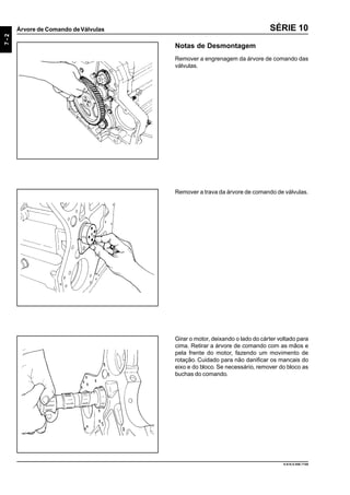 7-2
Árvore de Comando deVálvulas
9.610.0.006.7108
SÉRIE 10
Notas de Desmontagem
Remover a engrenagem da árvore de comando das
válvulas.
Remover a trava da árvore de comando de válvulas.
Girar o motor, deixando o lado do cárter voltado para
cima. Retirar a árvore de comando com as mãos e
pela frente do motor, fazendo um movimento de
rotação. Cuidado para não danificar os mancais do
eixo e do bloco. Se necessário, remover do bloco as
buchas do comando.
 