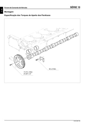 7-8
Árvore de Comando deVálvulas
9.610.0.006.7108
SÉRIE 10
Montagem
Especificação dos Torques de Aperto dos Parafusos
1o
) 15 - 2 Nm
2o
) 30° ± 5°
30 ± 5 Nm
 