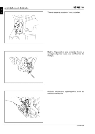 7-10
Árvore de Comando deVálvulas
9.610.0.006.7108
SÉRIE 10
Vista da árvore de comando e trava montadas.
Medir a folga axial do eixo comando. Repetir a
operação algumas vezes para certificar-se da
medição.
Instalar e sincronizar a engrenagem da árvore de
comando das válvulas.
 