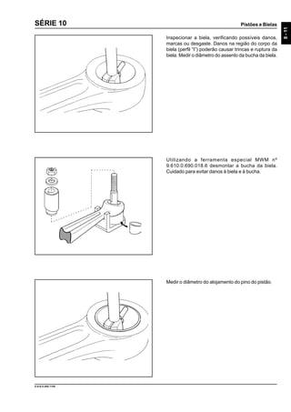 Pistões e Bielas
8-11
9.610.0.006.7108
SÉRIE 10
Inspecionar a biela, verificando possíveis danos,
marcas ou desgaste. Danos na região do corpo da
biela (perfil “I”) poderão causar trincas e ruptura da
biela. Medir o diâmetro do assento da bucha da biela.
Utilizando a ferramenta especial MWM nº
9.610.0.690.018.6 desmontar a bucha da biela.
Cuidado para evitar danos à biela e à bucha.
Medir o diâmetro do alojamento do pino do pistão.
 