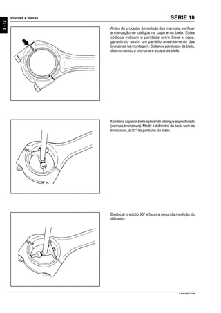 8-12
Pistões e Bielas
9.610.0.006.7108
SÉRIE 10
Antes de proceder à medição dos mancais, verificar
a marcação de códigos na capa e na biela. Estes
códigos indicam a paridade entre biela e capa,
garantindo assim um perfeito assentamento das
bronzinas na montagem. Soltar os parafusos da biela,
desmontando a bronzina e a capa da biela.
Montar a capa da biela aplicando o torque especificado
(sem as bronzinas). Medir o diâmetro da biela sem as
bronzinas, à 30° da partição da biela.
Deslocar o súbito 90° e fazer a segunda medição do
diâmetro.
 