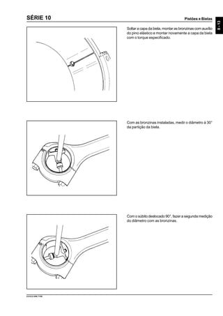 Pistões e Bielas
8-13
9.610.0.006.7108
SÉRIE 10
Soltar a capa da biela, montar as bronzinas com auxílio
do pino elástico e montar novamente a capa da biela
com o torque especificado.
Com as bronzinas instaladas, medir o diâmetro à 30°
da partição da biela.
Com o súbito deslocado 90°, fazer a segunda medição
do diâmetro com as bronzinas.
 