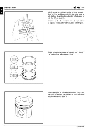 8-16
Pistões e Bielas
9.610.0.006.7108
SÉRIE 10
Lubrificar o pino do pistão, montar o pistão na biela,
observando o posicionamento correto entre eles. A
seta do topo do pistão deverá estar voltada para o
lado dos 3 furos da biela.
Limpar as costas das bronzinas e montar na haste e
na capa da biela que também deverão estar limpas.
Montar os anéis dos pistões.As marcas“TOP”,“CTOP”
e “C” devem ficar voltadas para cima.
Antes de montar os pistões nas camisas, dispor as
aberturas dos anéis na direção do pino da biela
deslocadas de 180° entre si.
 