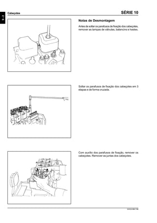 9-2
Cabeçotes
9.610.0.006.7108
SÉRIE 10
Soltar os parafusos de fixação dos cabeçotes em 3
etapas e de forma cruzada.
Com auxílio dos parafusos de fixação, remover os
cabeçotes. Remover as juntas dos cabeçotes.
Notas de Desmontagem
Antes de soltar os parafusos de fixação dos cabeçotes,
remover as tampas de válvulas, balancins e hastes.
 