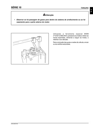 Cabeçotes
9-3
9.610.0.006.7108
SÉRIE 10
Utilizando a ferramenta especial MWM
nº 9.407.0.690.044.6, pressione as molas e retirar as
travas bipartidas, retirando a seguir as molas, o
retentor e as válvulas.
Para a remoção das guias e sedes de válvula, enviar
a uma retífica autorizada.
Atenção
• Observar se há passagem de gases para dentro do sistema de arrefecimento ou se há
vazamento para a parte externa do motor.
 