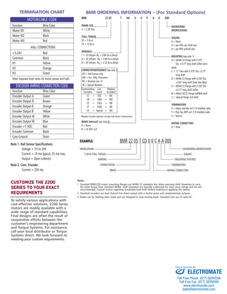 Customize The 2200
Series To Your Exact
Requirements
To satisfy various applications with
cost-effective solutions, 2200 Series
motors are readily available with a
wide range of standard capabilities.
Final designs are often the result of
cooperative efforts between the
customer’s engineering department
and Torque Systems. For assistance,
call your local distributor or Torque
Systems direct. We look forward to
meeting your custom requirements.
Note 1. Hall Sensor Specifications
Voltage = 5V to 24V
Current = 10 ma typical, 25 ma max.
Output = Open collector
Note 2. Com. Encoder
Current = 250 ma
BMR ORDERING INFORMATION – (For Standard Options)
BMR 22 05 T HA 0 0 P A A 000
FRAME SIZE
2 = 2.28" Dia.
STALL TORQUE
05 = 5 lb-in
10 = 10 lb-in
WINDINGS
T = 10 V/Krpm (KT = 0.84 lb.in./Amp)
A = 20 V/Krpm (KT = 0.84 lb.in./Amp)
B = 30 V/Krpm (KT = 2.53 lb.in./Amp)
COMMUTATION/FEEDBACK (see note 3)
HA = Hall Sensor only
MO = Enc. Mtg. Provisions
RA = Resolver size 15
SR = Special Resolver
Commutating Line Modular
Encoders Count Encoders*
CC = 500 = MC
CD = 1000 = MD
CE = 1024 = ME
CF = 2500 = MF
CS = Special = MS
BRAKE (Internal) (see note 4)
0 = None
B = 24 VDC Coil
ENGINEERING
MODIFICATIONS
SEALING
0 = None
A = per IP65 w/o shaft seal
B = per IP65 w/shaft seal
MOUNTING (see note 1)
A = NEMA 23 Flange with 0.375"
Dia. x 0.77" long shaft w/flat (stan-
dard)
C = “C” Face with 0.375" Dia. x 0.77"
long shaft
D = NEMA 23 Flange with 0.250" Dia.
x 0.81" long shaft (Gear Box Mtg.)
E = NEMA 23 Flange with 0.250" Dia.
x 0.77" long shaft w/flat
M =Metric IEC72 Flange w/M8J6 shaft
S = Special Flange and shaft
TERMINATIONS
H = Heyco seal-tite w/1.5 ft shielded cable
P = Pipe Tap (NPT) w/1.5 ft shielded cable
S = Special
MATING CONNECTORS
0 = None
EXAMPLE: BMR 22 05 T CD 0 0 C A A 000
MODEL/FRAME ENGINEERING MODIFICATIONS
5 LB-IN STALL TORQUE SEALING
WINDING MOUNTING FEATURES
COMMUTATION TERMINATIONS
BRAKE MATING CONNECTORS
*Modular Encoder selection includes Hall Sensor Commutation
Notes:
1. Standard BMR2200 motor mounting flanges use NEMA 23 standards but allow oversized shaft diameters to carry
the rated torque load. Standard NEMA shaft diameters are typically undersized for most servo ratings and are not
recommended. Consult factory regarding acceptable load limits before ordering or applying this option.
2. Standard encoders are dual channel line driver output with a marker pulse and complementary outputs.
3. Brakes are for holding static loads and not designed to stop moving loads. Standard coils are 24 volts DC.
TERMINATION CHART
MOTOR/CABLE CODE
Function Wire Color
Motor M1 White
Motor M2 Black
Motor M3 Red
HALL CONNECTIONS
+5-24V Red
Common Black
H1 Yellow
H2 Orange
H3 Green
Note: Separate drain wires for motor power and halls
ENCODER WIRING CONNECTION CODE
Function Wire Color
Encoder Output A Green
Encoder Output A
–
Brown
Encoder Output B Orange
Encoder Output B
–
Yellow
Encoder Output M White
Encoder Output M
–
Blue
Encoder +5 VDC Red
Encoder Common Black
Case Ground Drain
BMR_2200-BP:Brush series 2100 1/25/13 1:04 PM Page 1
ELECTROMATE
Toll Free Phone (877) SERVO98
Toll Free Fax (877) SERV099
www.electromate.com
sales@electromate.com
Sold & Serviced By:
 
