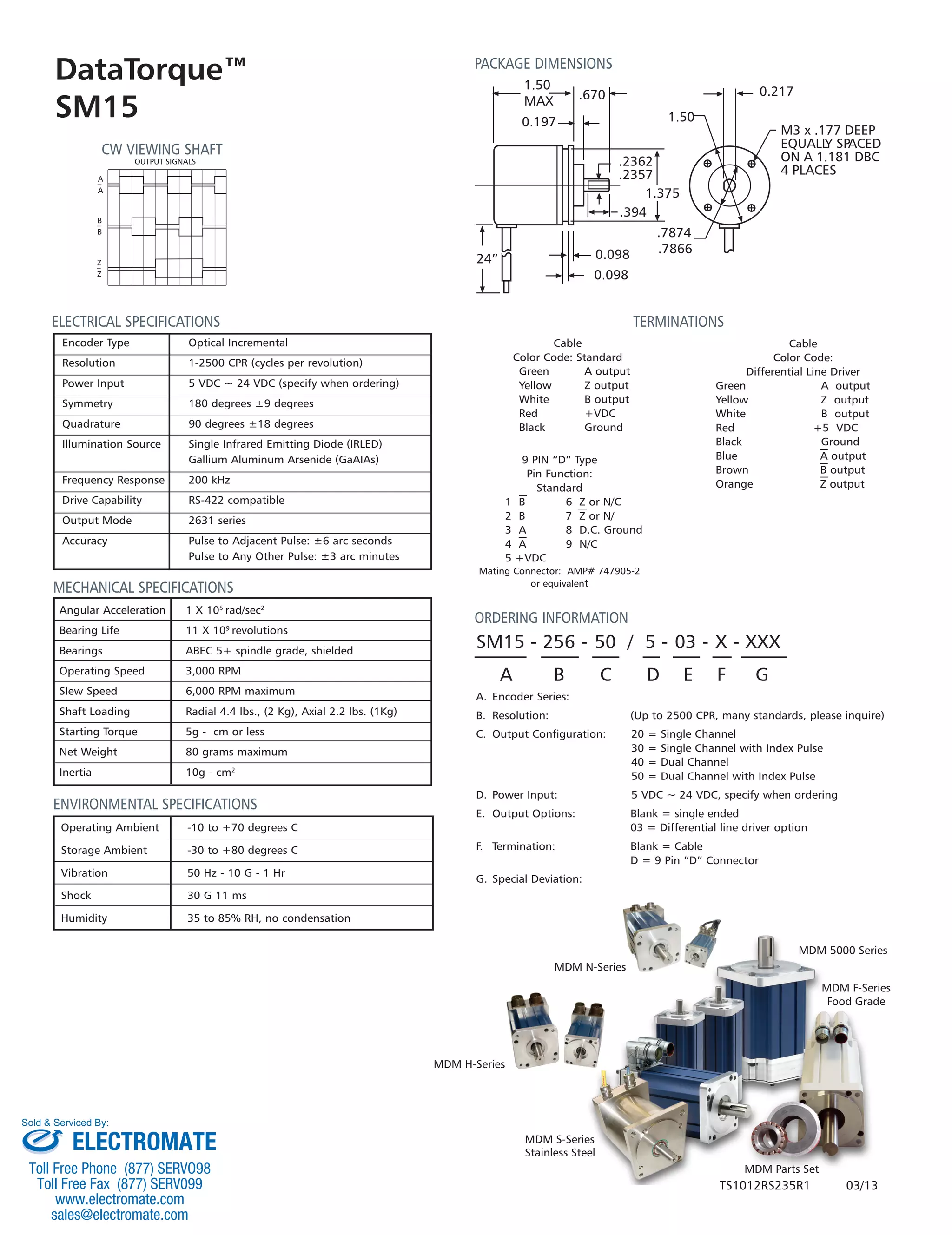 MDM 5000 Series
MDM N-Series
MDM H-Series
MDM S-Series
Stainless Steel
MDM F-Series
Food Grade
MDM Parts Set
DataTorque™
SM15
PACKAGE DIMENSIONS
TERMINATIONS
MECHANICAL SPECIFICATIONS
ORDERING INFORMATION
ENVIRONMENTAL SPECIFICATIONS
CW VIEWING SHAFT
ELECTRICAL SPECIFICATIONS
OUTPUT SIGNALS
A
–
A
B
–
B
Z
–
Z
M3 x .177 DEEP
EQUALLY SPACED
ON A 1.181 DBC
4 PLACES
1.50
1.50
MAX
0.217
0.098
0.197
.670
0.098
.7874
.7866
.2362
.2357
1.375
.394
24”
Encoder Type	 Optical Incremental
Resolution	 1-2500 CPR (cycles per revolution)
Power Input	 5 VDC ~ 24 VDC (specify when ordering)
Symmetry	 180 degrees ±9 degrees
Quadrature	 90 degrees ±18 degrees	
Illumination Source	 Single Infrared Emitting Diode (IRLED)
	 Gallium Aluminum Arsenide (GaAIAs)
Frequency Response	 200 kHz
Drive Capability	 RS-422 compatible
Output Mode	 2631 series
Accuracy	 Pulse to Adjacent Pulse: ±6 arc seconds
	 Pulse to Any Other Pulse: ±3 arc minutes
Angular Acceleration	 1 X 105
rad/sec2
Bearing Life	 11 X 109
revolutions
Bearings	 ABEC 5+ spindle grade, shielded
Operating Speed	 3,000 RPM
Slew Speed	 6,000 RPM maximum
Shaft Loading 	 Radial 4.4 lbs., (2 Kg), Axial 2.2 lbs. (1Kg)
Starting Torque	 5g - cm or less
Net Weight	 80 grams maximum
Inertia	 10g - cm2
Operating Ambient	 -10 to +70 degrees C
Storage Ambient	 -30 to +80 degrees C
Vibration	 50 Hz - 10 G - 1 Hr
Shock	 30 G 11 ms
Humidity	 35 to 85% RH, no condensation
Cable
Color Code: Standard
	 Green	 A output
	 Yellow	 Z output
	 White	 B output	
	Red	 +VDC
	 Black	Ground
Cable
Color Code:
Differential Line Driver
	 Green	 A output
	 Yellow	 Z output
	 White	 B output
	 Red	 +5 VDC
	 Black	 Ground
	 Blue	 A output
	 Brown	 B output
	 Orange	 Z output
9 PIN “D” Type
Pin Function:
Standard
	 1 B	 6 Z or N/C
	 2 B	 7 Z or N/
	 3 A	 8 D.C. Ground
	 4 A	 9 N/C
	 5 +VDC
Mating Connector: AMP# 747905-2
or equivalent
SM15 - 256 - 50 / 5 - 03 - X - XXX
A B C D E F G
A.	 Encoder Series:
B.	 Resolution:		 (Up to 2500 CPR, many standards, please inquire)
C.	 Output Configuration:	 20 = Single Channel
		 30 = Single Channel with Index Pulse
		 40 = Dual Channel
		 50 = Dual Channel with Index Pulse
D.	 Power Input:	 5 VDC ~ 24 VDC, specify when ordering
E.	 Output Options:	 Blank = single ended
		 03 = Differential line driver option
F.	 Termination:	 Blank = Cable
		 D = 9 Pin “D” Connector
G.	Special Deviation:
TS1012RS235R1	 03/13
ELECTROMATE
Toll Free Phone (877) SERVO98
Toll Free Fax (877) SERV099
www.electromate.com
sales@electromate.com
Sold & Serviced By:
 