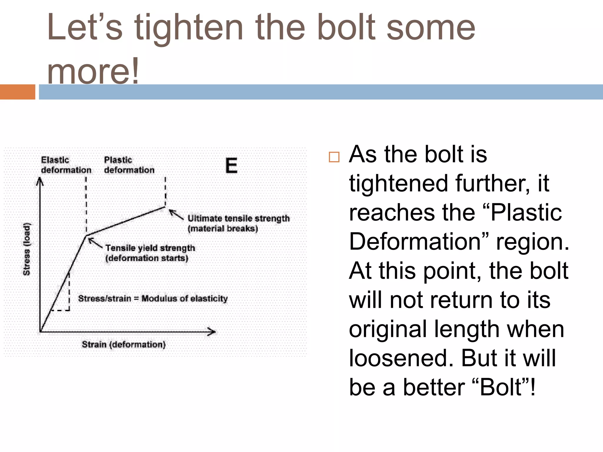 Let’s tighten the bolt some
more!
 As the bolt is
tightened further, it
reaches the “Plastic
Deformation” region.
At this point, the bolt
will not return to its
original length when
loosened. But it will
be a better “Bolt”!
 